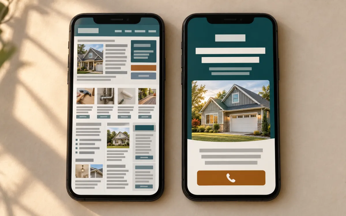 Two phones: a cluttered page beside a clean page with one call button
